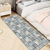 Teppich Läufer Küchenteppich Antirutsch Läufer Teppichlaeufer Küchenläufer Grau/Blau Patchwork Distressed 100X240cm Lange Teppichläufer Polyester Waschbar Teppiche für Flur, Büro, S