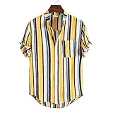 Gestreifte Kurzarmhemden für Herren Fashion Casual Stehkragenhemden Herrenhemden mit Taschen für Komfort 5XL