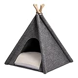 MYANIMALY Tipi Zelt für Haustiere, Katzenzelt, Haustierbett, Haustierhütte für Hunde und Katzen mit beidseitig anwendbarem Kissen, Gestell aus Kiefernholz (80 x 80 cm, Grau/Ecru)