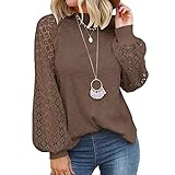 Damen Spitze Bluse Sexy Langarmshirt Slim Fit Damen Bluse Oberteil mit Laternen Ärmel Elegant Langarmshirt Spitzenbluse mit Floral Elegant Tunika Langarm Hemd Tops Pullover Einfarbig Patchwork