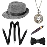 BOER 1920s Herren Accessoires - Gatsby Kostümzubehör Set Mit Panama Gangster Hut Verstellbar Y-Back-Hosenträger Fliege Halsschleife Taschenuhr Und Plastik-Zigarre (Grau)