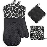 Gesentur Ofenhandschuh, Topfhandschuhe Anti-Rutsch Hitzebeständige Silikon und Baumwolle 1 Paar und 2 Topflappen (Black)