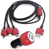 Bling Auto-Ladegerät-Zubehör-Set, Strass Dual USB Auto-Ladegeräte + Bling 3 in 1 Nylon geflochtenes Ladekabel, Bling Kristall Dekoration Autozubehör Kits für Mädchen und Frauen (rot)