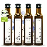 bio Leinöl kaltgepresst 100% rein | Geschmacksneutrales Leinöl aus nachhaltigem Anbau | 4x 250 ml Glasflasche mit Dosierer | Ideal als Salat-Topping