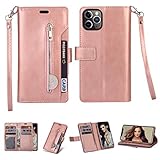 FLYEE Kompatibel mit iPhone 12 Pro Max (6.7 Zoll, 2020 Release), Brieftaschen-Hülle für Damen und Mädchen, mit Kartenhalter, 9 Kartenfächern, Premium-Leder, Standfuß mit Handgelenkschlaufe, roség