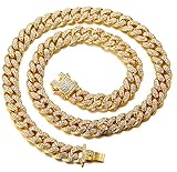 Halukakah Goldkette Iced Out für Katze,Diamant Kubanische Halskette Kragen 14MM 18 Karat Echt Vergoldet 20cm Größe S mit KOSTENLOSER Geschenkbox,Nur Dek