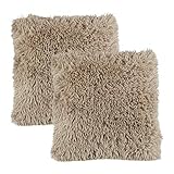 Relaxdays Flauschige Kissen, 2er Set, 40x40 cm, mit Füllung, kuschelweich, Fluffy Zottel Bezug, Deko Zierkissen, braun, 2 Stück (1er Pack)
