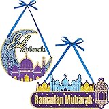 Jetec 2 Stück Eid Ramadan Mubarak Dekorationen Eid Mubarak Holz Hängeschilder Eid Mubarak Mond Ornament Wand Tür Fenster Dekor Party Supp