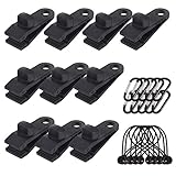 Langaelex 10x Planenclips Zelt Clips Zeltplanen-Klemme Planenhalter & 10x Gummispanner Ball Bungee Schnur & 10x D-Form Karabiner für Planen, Markisen, Camping im Freien, Wohnwagen, V