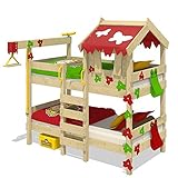 WICKEY Etagenbett CrAzY Ivy Spielbett für 2 Kinder Hochbett mit Dach, Kletterleiter und Lattenboden, rot-apfelgrün, 90x200