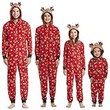 Vertvie Weihnachts Schlafanzug Familie Einteiler Onesie Weihnachten Pyjama Set Erwachsene Kinder Baby Jumpsuit Nachtwäsche mit Reißverschluss Kapuze Overall Hausanzug(Mutter-rot,L)