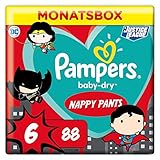Pampers Windeln Pants Größe 6 (15+kg) Baby Dry, 88 Höschenwindeln, MONATSBOX, Superhelden, Einfaches An- und Ausziehen, Zuverlässige Trock