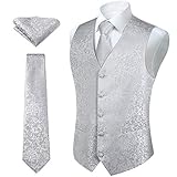 HISDERN Herren FLoral Hochzeit Weste Krawatte Einstecktuch Taschentuch Jacquard Weste Anzug S