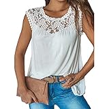 Masrin Damen T-Shirt Lässig Blumenstickerei Spitze Hohl Patchwork Tanktops O-Ausschnitt Einfarbig Ärmellose Weste Sommer All-Match Loose Tunika Bluse (L,Weiß)