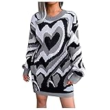 AFFGEQA Damen Rundhals Liebe Wellendruck Lose Casual Strick Langarm Pullover Kleid Plüschjacke Plüschmantel Winterjacke (Ohne Gürtel)