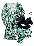 SheIn Damen 3er Pack Tropical Push Up High Waist Bikini Badeanzug mit Kimono - - Larg