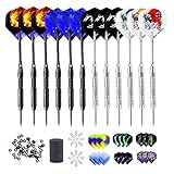 Qhui Dartpfeile mit Metallspitze, 12 Stück Steeldarts Pfeile Set, 24g Profi Dart Pfeile mit Aluminium Schaft, 30 Flights, 50 Anti-Lose Gummiringe, 1 Dart Spitzer und 2 Flug
