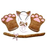 KEESIN Katze Cosplay Set Plüsch Klaue Handschuhe Katze Kätzchen Ohren Schwanz Kragen Pfoten Cute Adorable Party Kostüm Set für Kinder und Erwachsene (Braun)