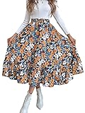 Winkinlin Frauen Retro Langer Rock Elastische Hohe Taille Leopard Rock Rüschen Blumendruck Boho Strand Split A-Linie Rock, Orangefarbene Blume, X-Larg