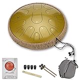 Stahlzungentrommel, Steel Tongue Drum, D-Key 15 Noten 14 Zoll Handtrommel, Schlaginstrument Handpan mit Trommelschlägeln/Tragetasche für Kinder oder Erwachsene(Gold)