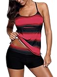 Sixyotie Damen Mehrfarbig Tankini mit Oberteile und Badeshorts Badeanzug Beachwear Zweiteiler Bademode mit Pads (Rot, EU 42 (2XL))