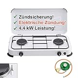 CAGO Camping-Kocher Gaskocher 2-flammig 50 mbar Weiss mit Zündsicherung, mit elektrischer Zündung Gasschlauch Gasregler Gasherd 2 B