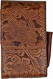 Packungsetui Flowerprint Leder Braun Vintage für Normale Zigarettenpackungen Gr. L und Lange 100 er (Kingsize) 2 Magnetknöpfe Feuerzeugfach außen + beige Steppung - LK Trend & Sty