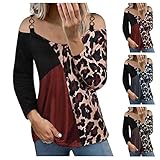 UOWEG Kalte Schulter Tops Damen Sexy Leopardenmuster Nähte Trägerloses Langarm T-Shirt Lässige Tunika Bluse Pullover für Frauen (Red, M)