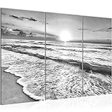 Runa Art Sonnenuntergang Strand Bild Wandbilder Wohnzimmer XXL Schwarz Weiss Panorama 120 x 80 cm 3 Teilig Wanddeko 023731