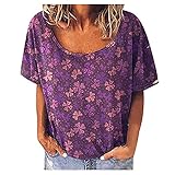 XOXSION T-Shirt Damen Sommer Oberteile Modus Shirt Vierblättriges bedrucktes Kurzarm-Hemd O-Ausschnitt Teenager Mädchen Tops(Lila,L)