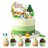 AODIGEGE Tortendeko Geburtstag Junge Dschungel Themed Kuchendeckel Zoo Tier Cake Topper Happy Birthday Banner, Bäume, Tortendeko Tiere Cupcake Toppers Kuchen Deko für Kinder Mädchen Baby Show