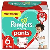 Pampers Baby-Dry Pants, Gr. 6, 15+ kg, Monatsbox (116 Höschenwindeln), Einfaches An- und Ausziehen, Zuverlässige Pampers Trock