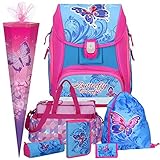 Spirit BUTTERFLY Pro Light - Schmetterling - Leicht-Schulranzen-Set mit BLINKENDEM LED-Schloss 7teilig mit SCHULSPORTTASCHE und SCHULTÜTE