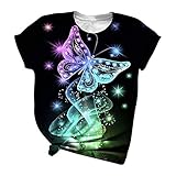 TOPEREUR Tshirt Oberteile Oversized Damen Sommer Elegant Tops Vintage Bunt Schmetterling Graphic Kurzarm Basic V-Ausschnitt T-ShirtTunika Frauen Blusen Locker Lässig H
