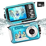 POSSRAB 3 m Unterwasserkamera, 48 MP Foto 2,7 K Video wasserdichte Kamera, Dual-Display EIS Digitale Unterwasserkamera für Schnorcheln, Surfen, Schw