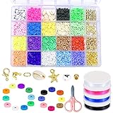 MMDOCO Flache runde Polymer-Ton-Abstandshalter-Perlen, 6 mm, 20 Farben, mit Anhänger-Charm-Kit und 4 Rollen elastischen Schnüren für DIY-Schmuckherstellung, Halskette, Armband, 4080 Stück