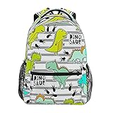 Lustige Dinosaurier auf Streifen Rucksack Cartoon Animall Student Schultasche Büchertasche 14 Zoll Laptop Rucksäcke Reise Daypack Schultertasche für Jungen M