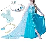 Timesun® Mädchen Prinzessin Schneeflocke Süßer Ausschnitt Kleid Kostüme mit Diadem, Handschuhen, Zauberstab und Zopf, Gr. 98/140 (110 ( Körpergröße 110cm ), #01 kleid mit 4 Zubehör)