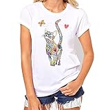 MOMBIY Damen T-Shirt Mode Katze drucken kurzärmelige T-Shirt Top