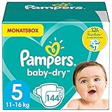Pampers Windeln Größe 5 (11-16kg) Baby Dry, 144 Stück, MONATSBOX, Bis Zu 12 Stunden R