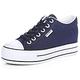 Renben Mädchen Damen Klassisch Plateau Niedrige Keilabsatz Segeltuch-Turnschuhe Leinenschuhe Modisch Schnüren Espadrilles Schuhe Marineblau 3719 EU36
