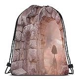 Kordelzug Bapa Taschen Sport Gym Cinch Bag Reisen für Frauen Männer Kinder, antike mittelalterliche Gebäuderuinen mit einsamen Baum auf Hügel neblige griechische Architek