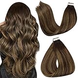 LaaVoo Braun Tape on Extensions Echthaar Balayage Glue in Remi Echthaar Skin Weft Dunkelstes Braun Balayage Hellbraun Extensions Echthaar Tape 50cm 50GR/20PCS #2/2/8