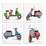 B BLINGBLING Motorrad-Bilder, Wandkunst: gedruckte Nationalflagge auf winzigem Motorrad, ästhetische Raumdekoration, Wohnzimmer-Dekor mit Rahmen, einfach aufzuhängen, 4er-Set (30,5 x 30,5 x 4 Paneele)