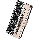 Herbests Kompatibel mit Samsung Galaxy A7 2018 Handy Hülle Multifunktionale Reißverschluss Tasche Blumen Flip Case Brieftasche Schutzhülle Klapphülle Handschlaufe Kartenfach Magnet,Schw
