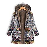 MOKBAY Wintermantel Damen Warm Outwear Blumendruck Kapuzentaschen Vintage Oversize Mäntel Winterjacke Damen Warme Manteljacke für Damen Elegant Warme Winter Jacke Parka Lang M