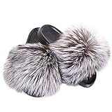 Fell Latschen Pelz Pantoffeln mit Fuchs Echtfell Echtpelz Schlappen Sandalen Finnraccoon Raccoon Fuchsfell Slipper Slides S