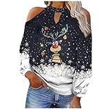 Eaylis Damen V-Ausschnitt Langarm T-Shirt Weihnachten Sexy Off Shoulder Weihnachtspullover Lässig Elch Weihnachtsbaum Drucken Teenager Mädchen Lose Christmas Pullover Sweatshirt Pulli Ob