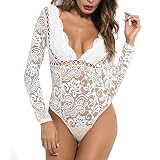 NBBNYJ Body Damen Elegant Sexy Sommer Schier V-Ausschnitt Langarm Spitze Bodysuit Dessous rückenfrei Jumpsuit Lingerie Teddy Unterwäsche Top Babydoll Nachtwäsche (Weiß, XX-Large)