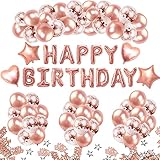 iZoeL Geburtstagsdeko Frauen Rosegold Happy Birthday Partydeko 36 rosagold Luftballons 15 Konfetti Ballons 4 Herz Stern Folienballon 10G